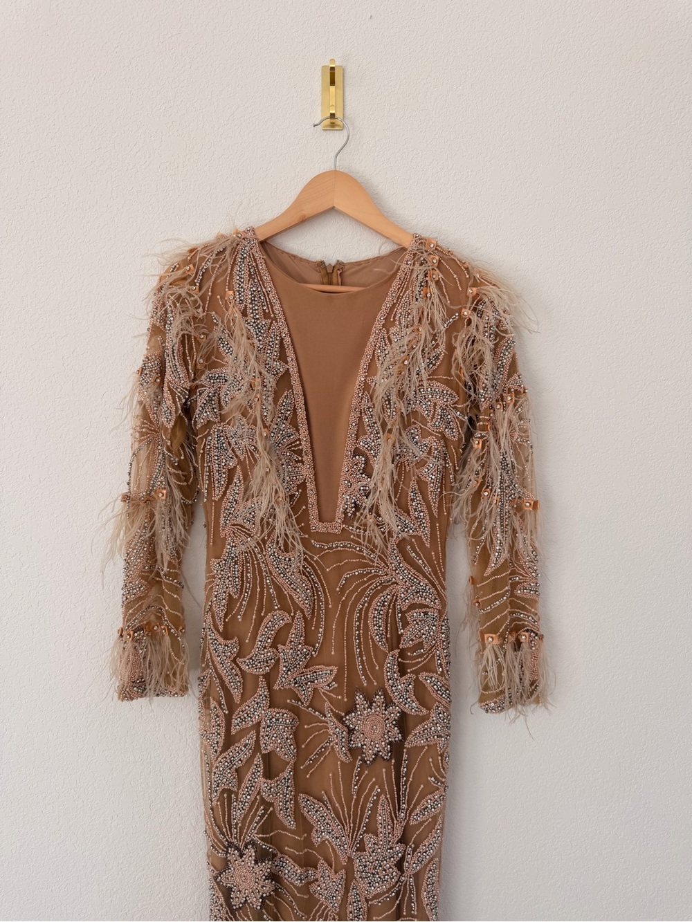 Portia and Scarlett Custom Tan Feather & Sequin Long-Sleeve Evening Dress